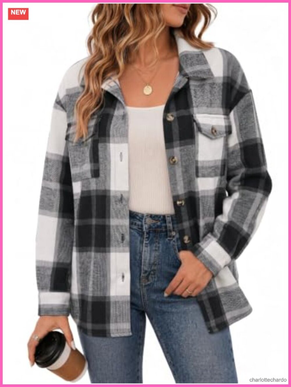 Women's Plaid Shacket Long Sleeve Button Down Jacket, Casual Oversized Flannel